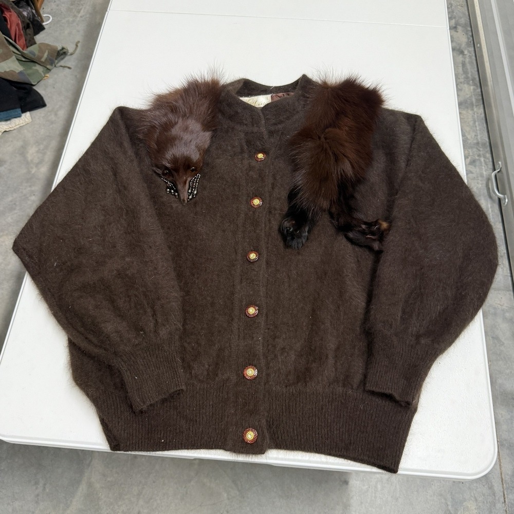 Vintage Mink Fur Accent Cardigan Womens M Brown Excellent Mohair Blend Fuzzy